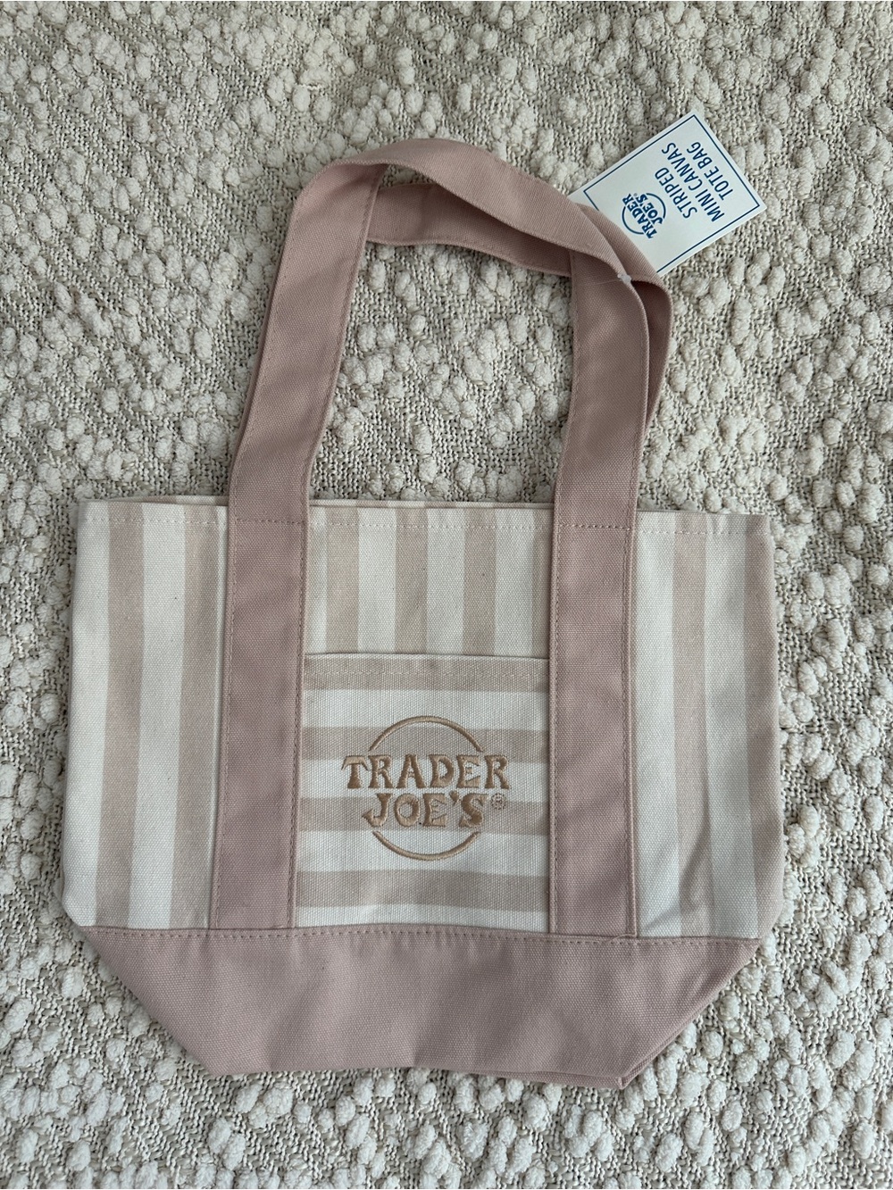 Trader Joe's Striped Mini Canvas Tote Bag Tan Beige NWT